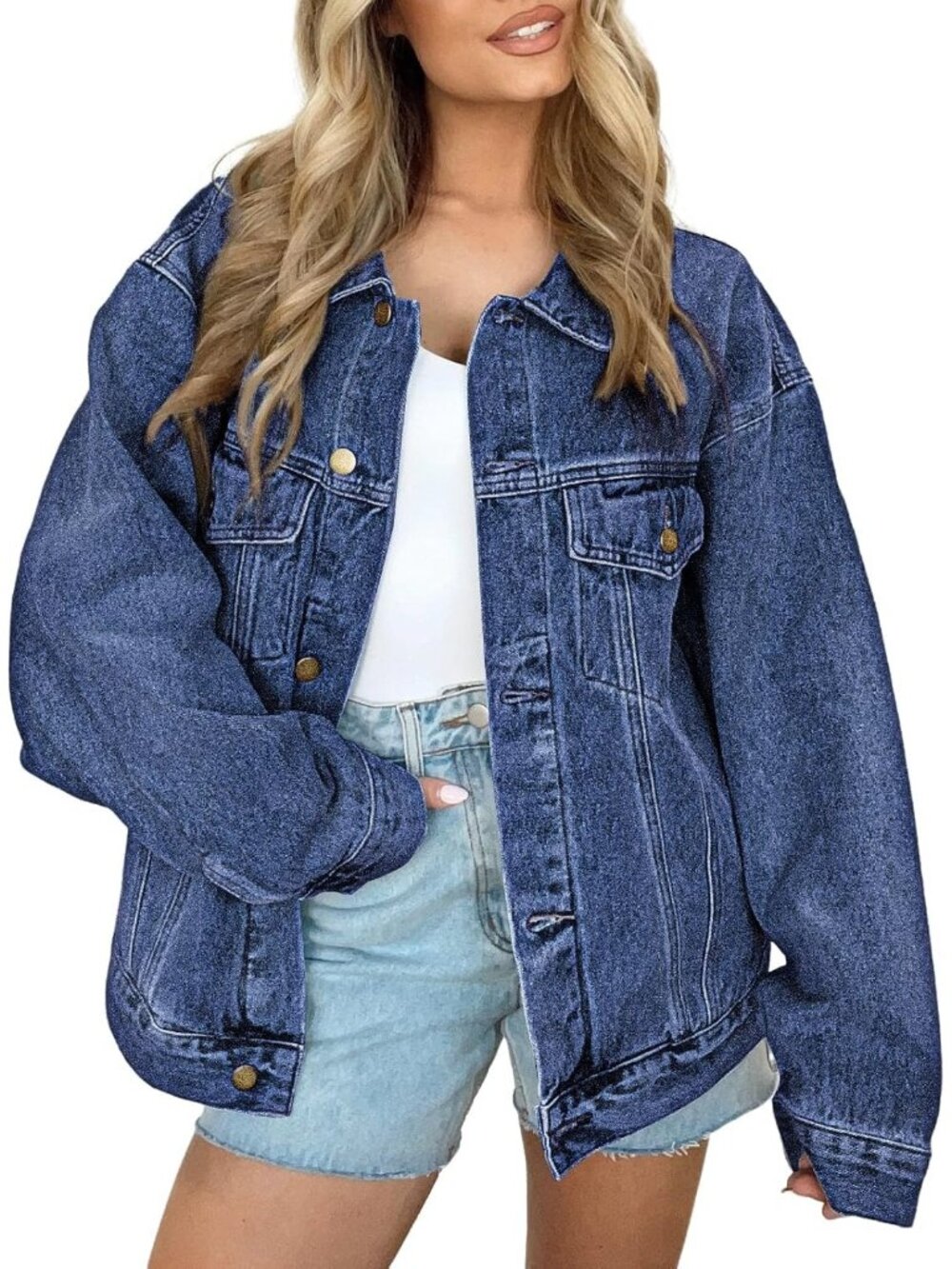 〽️Women's Dark Blue Vintage Oversized Denim Jean Coat Button Down Casual Jacket
